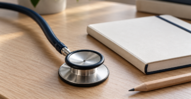 Close-up of a metal stethoscope chestpiece and dark tubing beside a notebook and pencil.