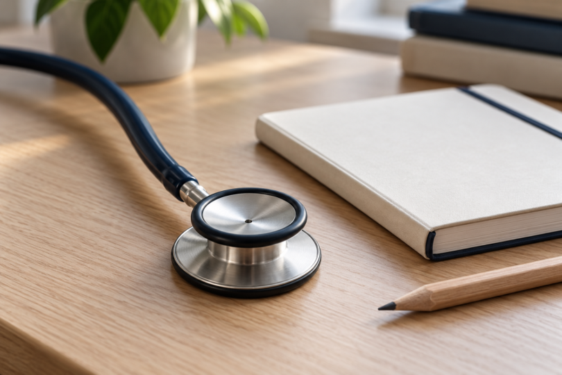 Close-up of a metal stethoscope chestpiece and dark tubing beside a notebook and pencil.