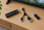 A capped black streaming stick, a capped Y-shaped USB cable and a capped flash drive rest separately on a wooden console below a television.