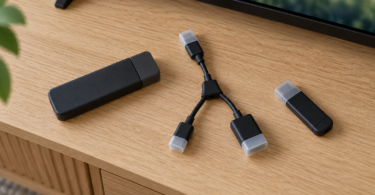 A capped black streaming stick, a capped Y-shaped USB cable and a capped flash drive rest separately on a wooden console below a television.