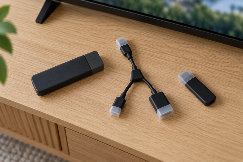 A capped black streaming stick, a capped Y-shaped USB cable and a capped flash drive rest separately on a wooden console below a television.