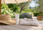 A plain white sunscreen tube, a broad-brimmed straw hat and a folded pale shirt sit on a wooden table beneath a patio umbrella.