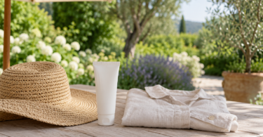 A plain white sunscreen tube, a broad-brimmed straw hat and a folded pale shirt sit on a wooden table beneath a patio umbrella.