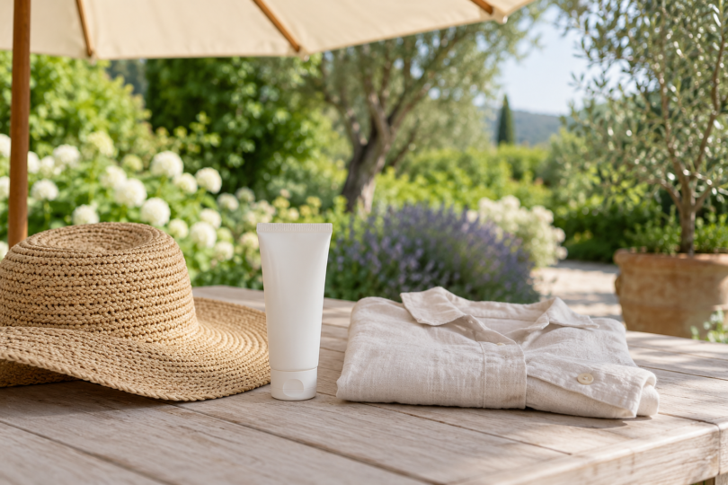 A plain white sunscreen tube, a broad-brimmed straw hat and a folded pale shirt sit on a wooden table beneath a patio umbrella.
