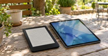 A black e-reader and a larger tablet on a wooden outdoor table in dappled shade.