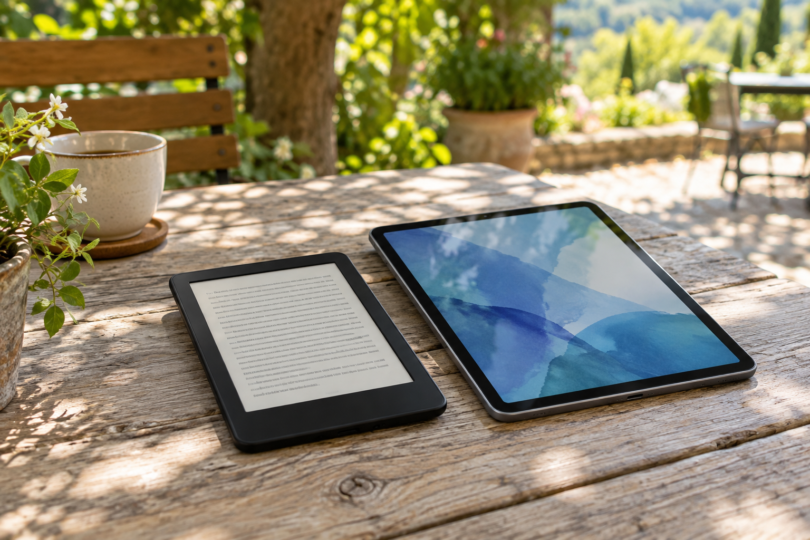 A black e-reader and a larger tablet on a wooden outdoor table in dappled shade.