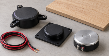 Illustration of three unbranded surface exciters, disconnected speaker wire and a wood panel on a workbench