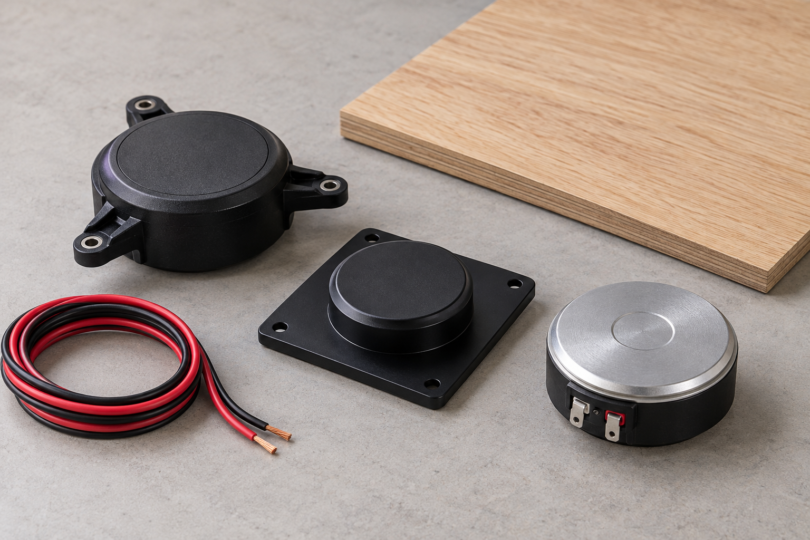 Illustration of three unbranded surface exciters, disconnected speaker wire and a wood panel on a workbench