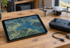 An unbranded tablet displaying an aerial landscape beside a drone controller, unplugged USB cable and resting quadcopter.
