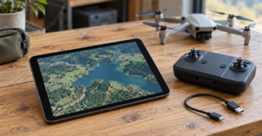 An unbranded tablet displaying an aerial landscape beside a drone controller, unplugged USB cable and resting quadcopter.