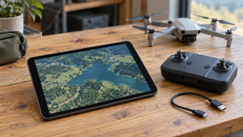 An unbranded tablet displaying an aerial landscape beside a drone controller, unplugged USB cable and resting quadcopter.