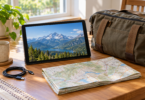 A tablet showing a mountain landscape sits on a home table beside a folded road map, canvas travel bag and coiled USB cable.