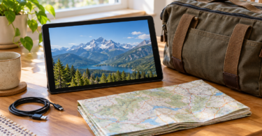 A tablet showing a mountain landscape sits on a home table beside a folded road map, canvas travel bag and coiled USB cable.