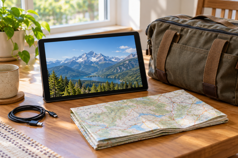 A tablet showing a mountain landscape sits on a home table beside a folded road map, canvas travel bag and coiled USB cable.