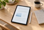 An unbranded tablet displays a document with grey text lines and a blue illustration beside a white stylus, notebook and cup on a wooden desk.