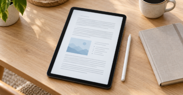 An unbranded tablet displays a document with grey text lines and a blue illustration beside a white stylus, notebook and cup on a wooden desk.