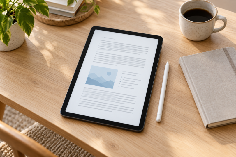 An unbranded tablet displays a document with grey text lines and a blue illustration beside a white stylus, notebook and cup on a wooden desk.