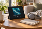 An unbranded tablet showing abstract blue album art and playback controls sits beside grey headphones and a closed notebook on a wooden table.