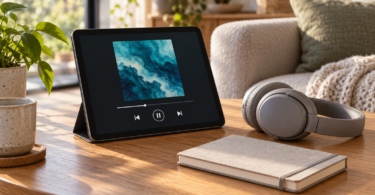 An unbranded tablet showing abstract blue album art and playback controls sits beside grey headphones and a closed notebook on a wooden table.