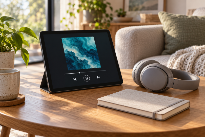An unbranded tablet showing abstract blue album art and playback controls sits beside grey headphones and a closed notebook on a wooden table.