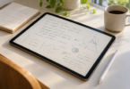 An unbranded tablet showing fictional handwritten notes and diagrams beside a stylus and paper notebook.