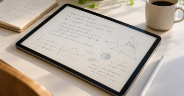 An unbranded tablet showing fictional handwritten notes and diagrams beside a stylus and paper notebook.