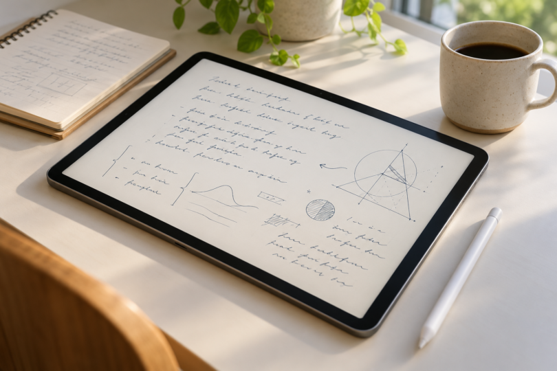 An unbranded tablet showing fictional handwritten notes and diagrams beside a stylus and paper notebook.