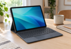 A tablet with a blue screen and gray keyboard case sits on a desk beside a notebook and mug.