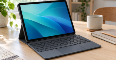 A tablet with a blue screen and gray keyboard case sits on a desk beside a notebook and mug.