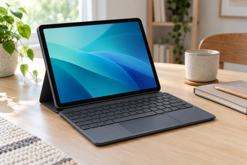 A tablet with a blue screen and gray keyboard case sits on a desk beside a notebook and mug.