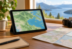 An unbranded tablet showing a map rests on a stand beside a paper map on an indoor desk.