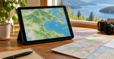 An unbranded tablet showing a map rests on a stand beside a paper map on an indoor desk.