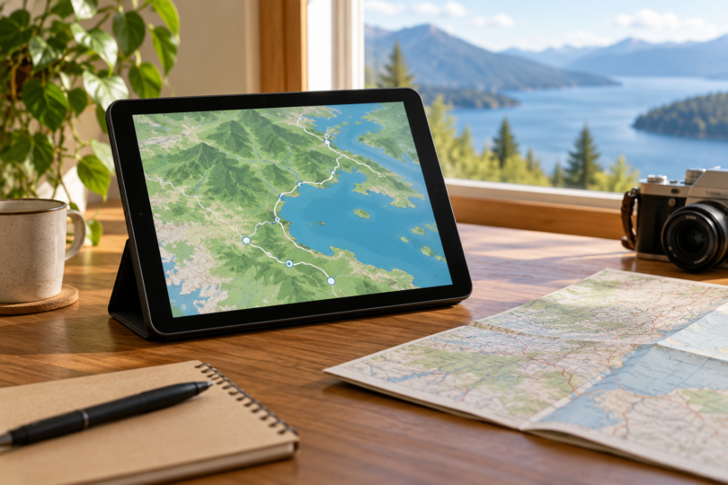 An unbranded tablet showing a map rests on a stand beside a paper map on an indoor desk.