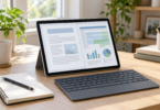 A generic tablet displays an abstract document and spreadsheet beside a separate keyboard, notebook and pen on a sunlit wooden desk.