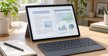 A generic tablet displays an abstract document and spreadsheet beside a separate keyboard, notebook and pen on a sunlit wooden desk.