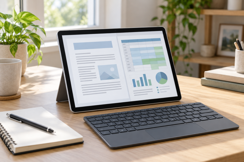 A generic tablet displays an abstract document and spreadsheet beside a separate keyboard, notebook and pen on a sunlit wooden desk.