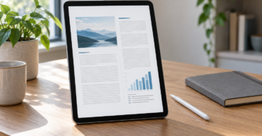 An unbranded tablet displaying a fictional document and blue chart beside a stylus and notebook.
