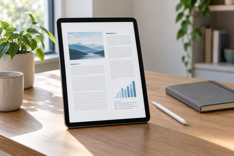 An unbranded tablet displaying a fictional document and blue chart beside a stylus and notebook.