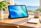 Illustration of an unbranded tablet on a stand beside a notebook and cup on a sunlit wooden desk