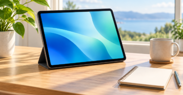 Illustration of an unbranded tablet on a stand beside a notebook and cup on a sunlit wooden desk
