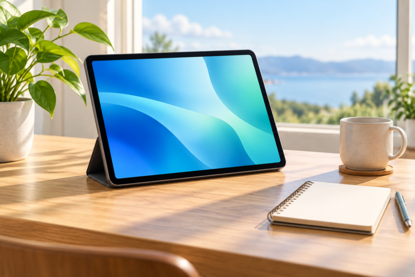 Illustration of an unbranded tablet on a stand beside a notebook and cup on a sunlit wooden desk