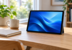 Generic tablet with a blue screen on a wooden desk beside a notebook and mug