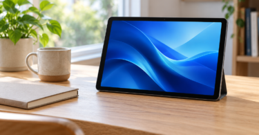 Generic tablet with a blue screen on a wooden desk beside a notebook and mug