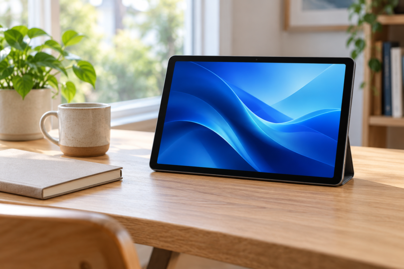Generic tablet with a blue screen on a wooden desk beside a notebook and mug