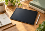 Illustration of an unbranded tablet and stylus beside a notebook and books on a sunlit wooden study desk