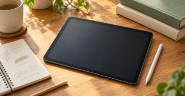 Illustration of an unbranded tablet and stylus beside a notebook and books on a sunlit wooden study desk