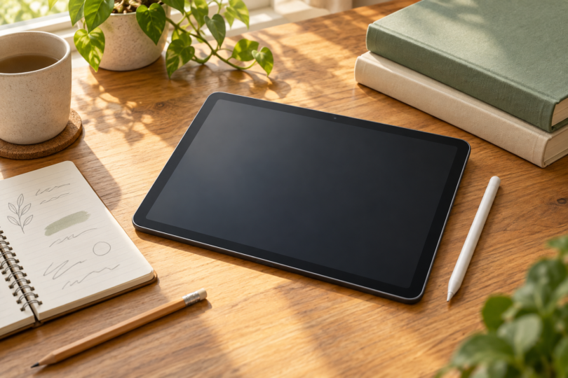 Illustration of an unbranded tablet and stylus beside a notebook and books on a sunlit wooden study desk