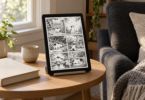 Generic tablet displaying a black-and-white cat comic on a wooden table beside an armchair.