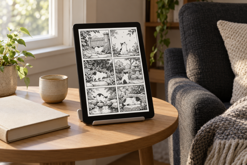 Generic tablet displaying a black-and-white cat comic on a wooden table beside an armchair.