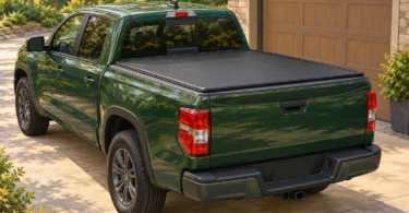 Illustration of a green pickup with a closed black bed cover beside a garage